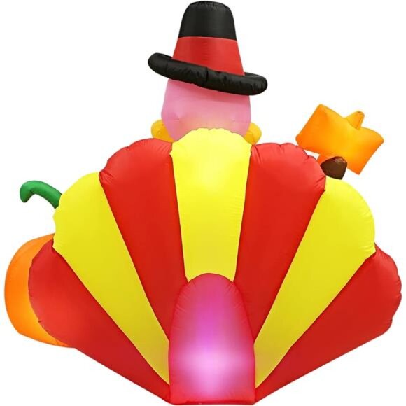 6FT Inflatable Turkey Blow Up with Built-in Colorful LED Rotating Lights - Picture 4 of 12